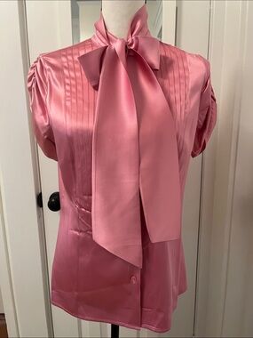 Rena Lange Hammered Silk Button Up Bow Tie Blouse Deep Pink Short Puff Sleeves
